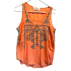 Anthropologie The Impeccable Pig Tank Blouse Orange Sheer Tribal Embroidered